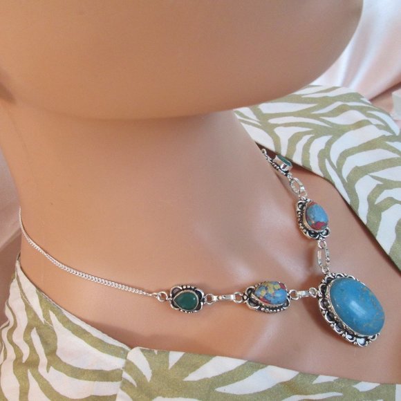 NATURAL TURQUOISE GEMSTONE LADIES UNIQUE NECKLACE EARRING SET - Picture 8 of 9